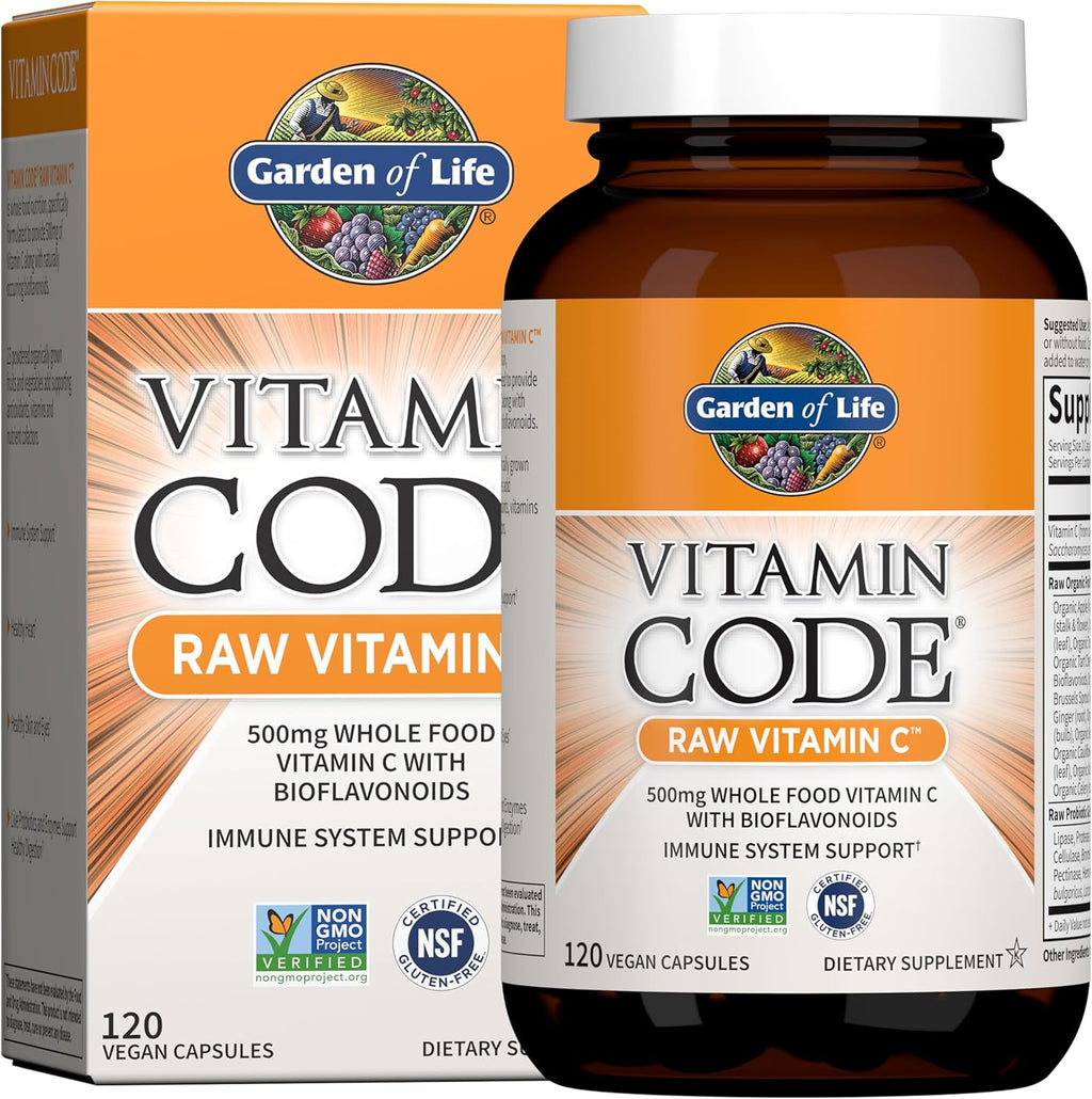Garden of Life Vitamin Code Raw Vitamin C - 120 Capsules, 500mg Whole Food Vitamin C Capsules + Fruit & Veggie Blend & Probiotics, Supplements for Adults, Vegan, Gluten Free