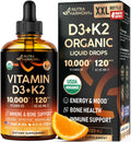 Vitamin D3 K2 USDA Organic Drops - Vitamin D3 10000 IU & K2 as MK-7 120mcg - Immune & Mood Support, Bone & Teeth Health - Sugar-Free, Orange Flavor - Liquid Supplement - 2 FL OZ, 60 Day Supply