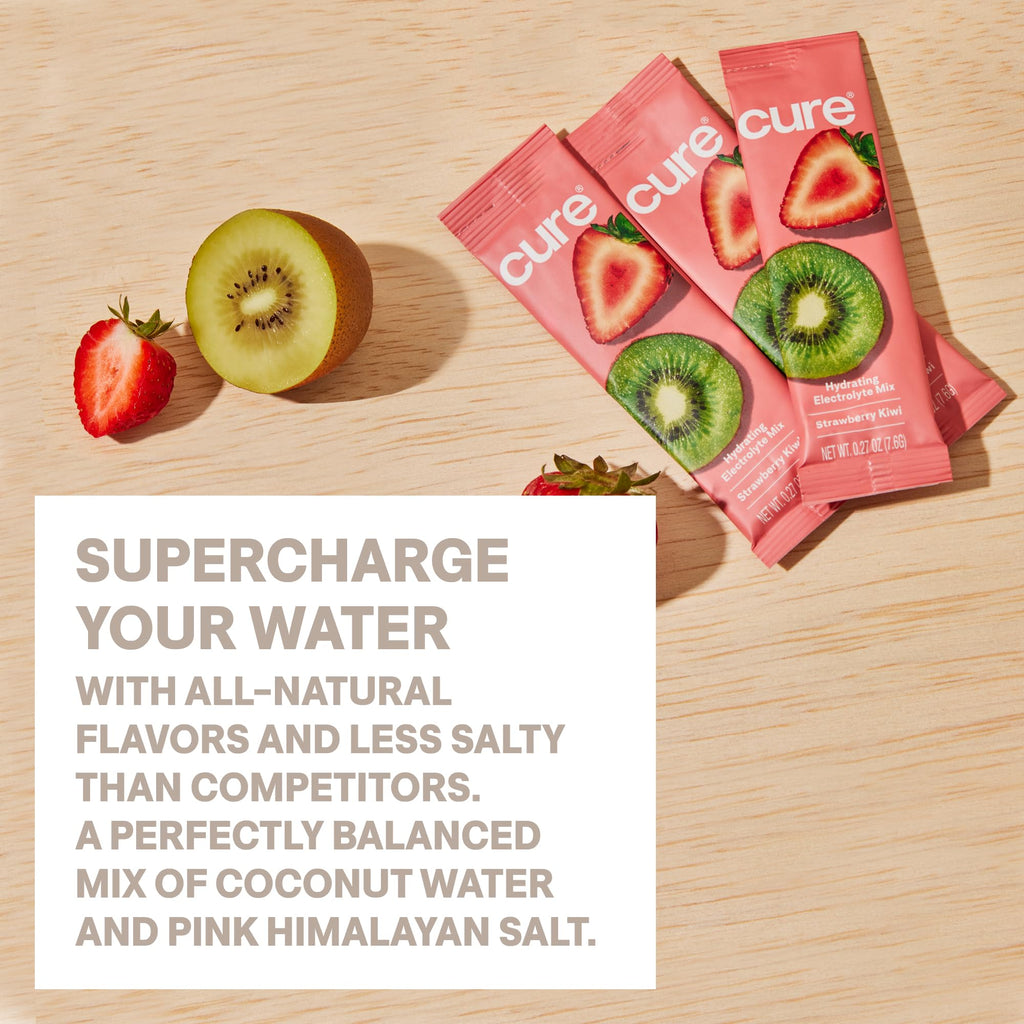 Cure Hydration | Plant-Based Electrolyte Drink Mix | No Added Sugar | FSA-HSA | Dehydration Relief Powder Made with Coconut Water | Non-GMO | Vegan | 28 Servings Jar - Strawberry Kiwi