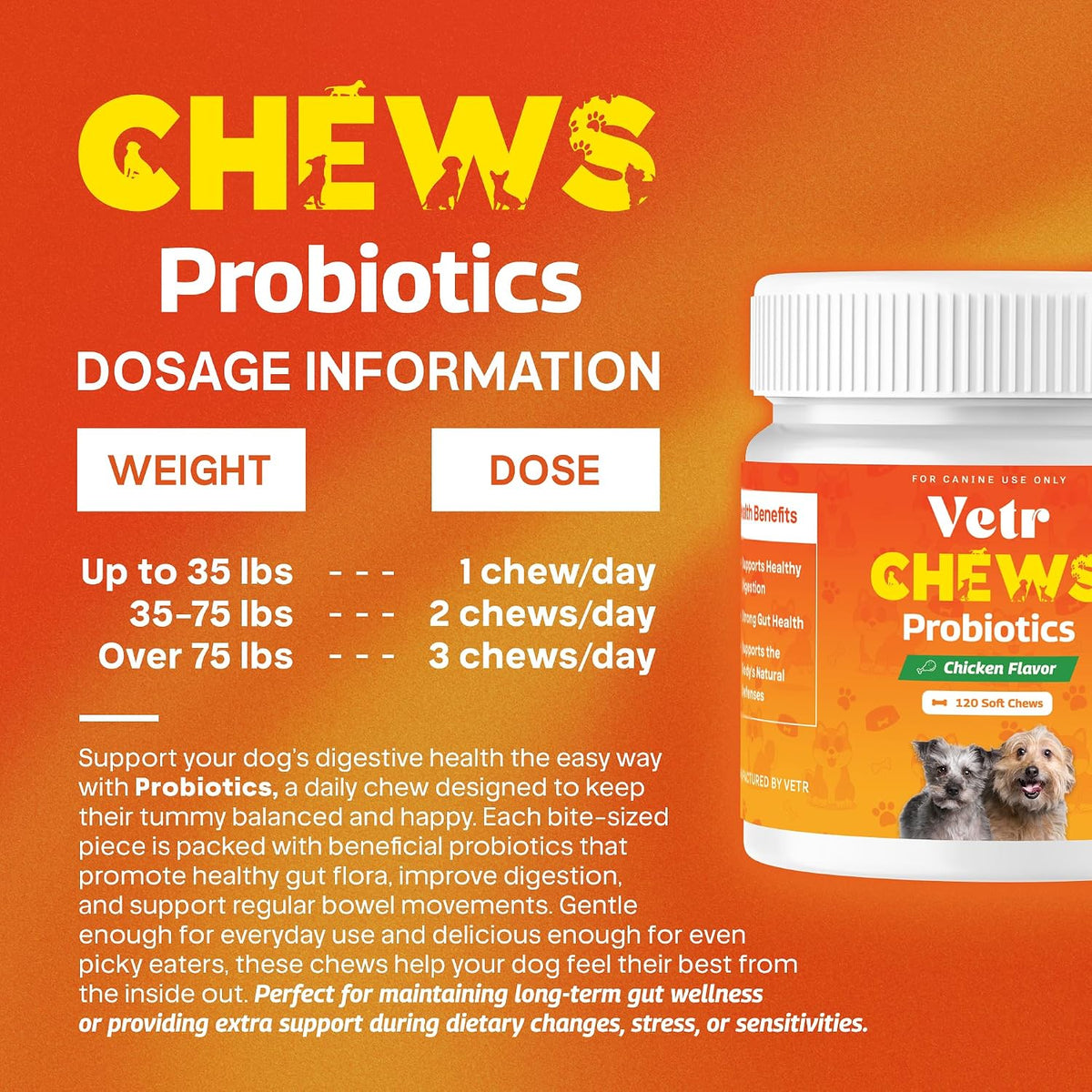 Vetr Probiotic Chews for Dogs - Chicken Flavored - Probiotics for Digestive Health - 120 Soft Chews - Vet-Formulated in USA