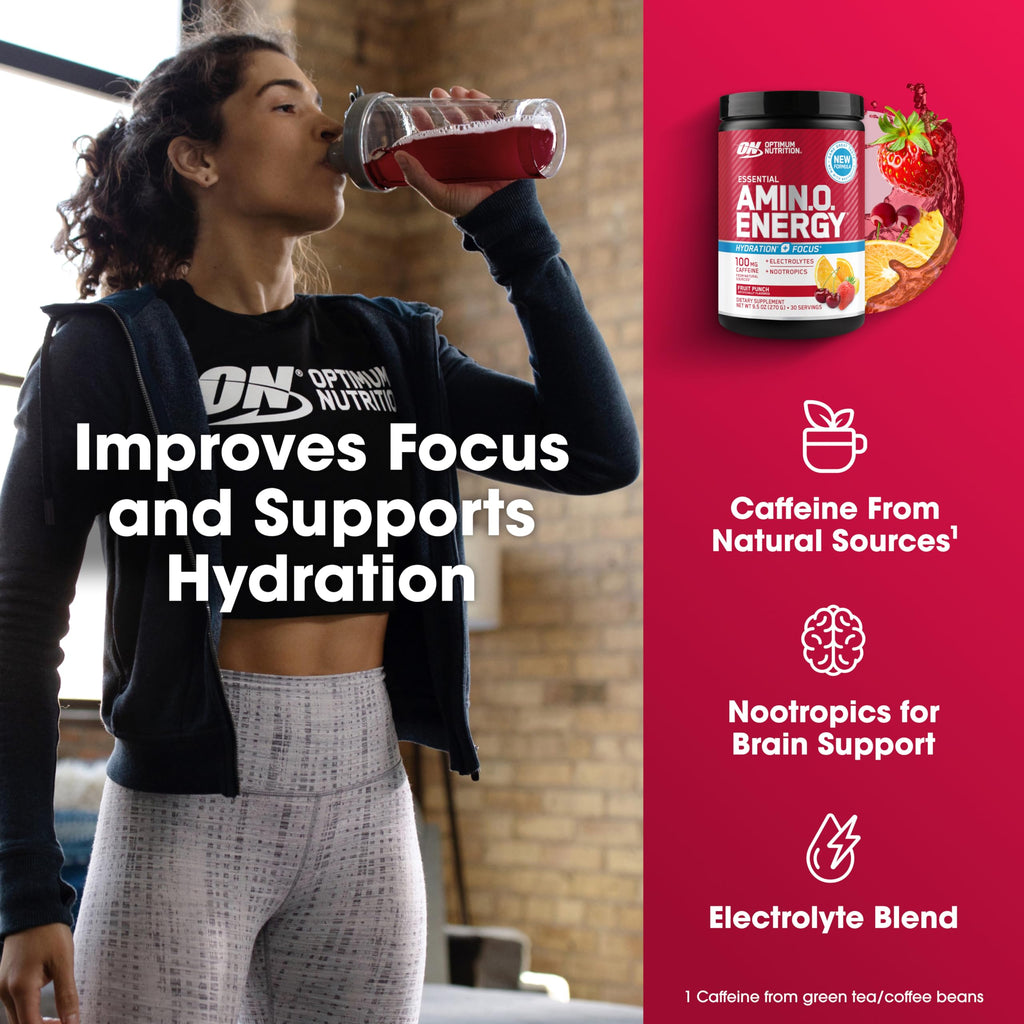 Optimum Nutrition, Amino Energy Powder Plus Focus, with Bcaa, Electrolytes, and Caffeine, Watermelon, 30 Servings | Contains BCAAs, Electrolytes, 100 mg Caffeine, 5g Amino Acids, Zero Sugar, Supports Hydration, Banned Substance Tested
