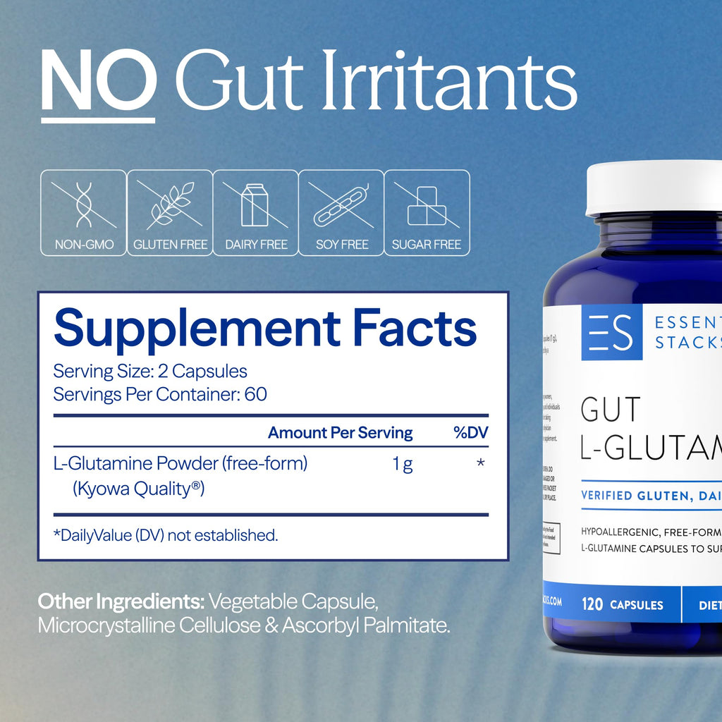Essential Stacks Gut L-Glutamine Capsules 1000mg (Made in USA) - Gluten, Dairy & Soy Free, Non-GMO L Glutamine for Gut Health - 60 Serves (120 Caps)