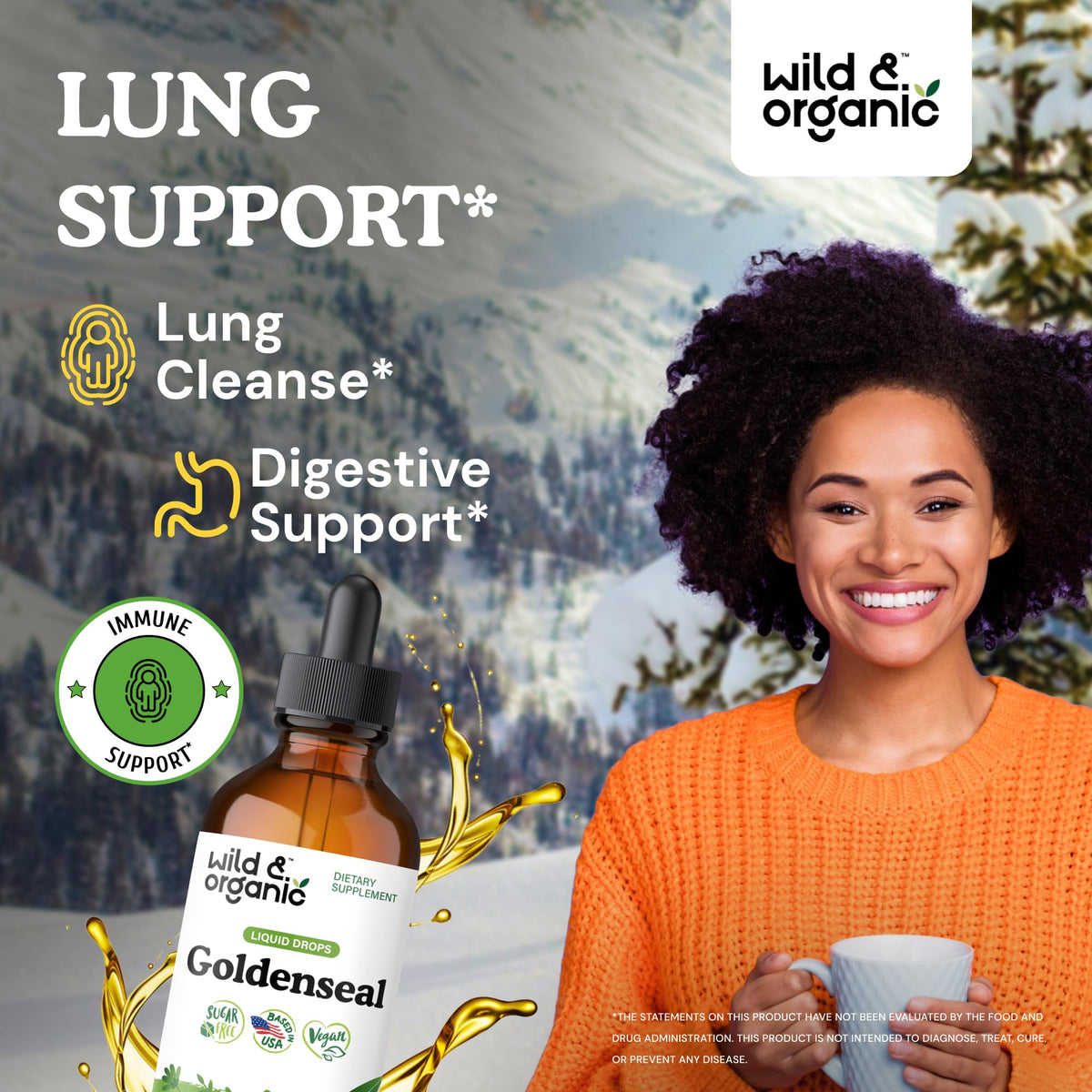 Wild & Organic Goldenseal Tincture - Lung & Digestive Support - Goldenseal Root Extract Liquid Drops - Vegan, Sugar & Alcohol-Free Herb Supplement - 4 fl oz