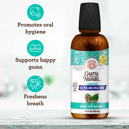 GuruNanda Farmed Mint Oil Pulling Mouthwash for Complete Oral Hygiene, 7 Essential Oils & Vitamins for Happy Teeth & Gums