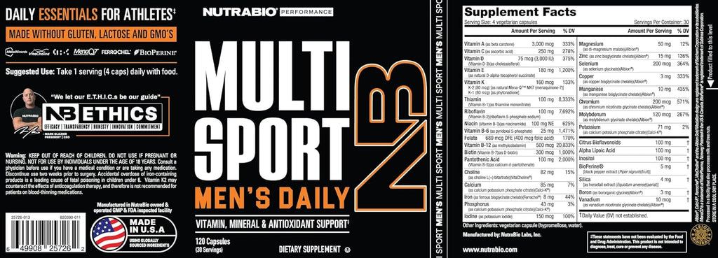 NutraBio Multisport for Men - Mens MultiVitamin - 33 Vitamins, Minerals, Micronutrients - Rich in Antioxidants - Supports Peak Athletic Performance, Energy, Metabolism (120 Vegetable Capsules)