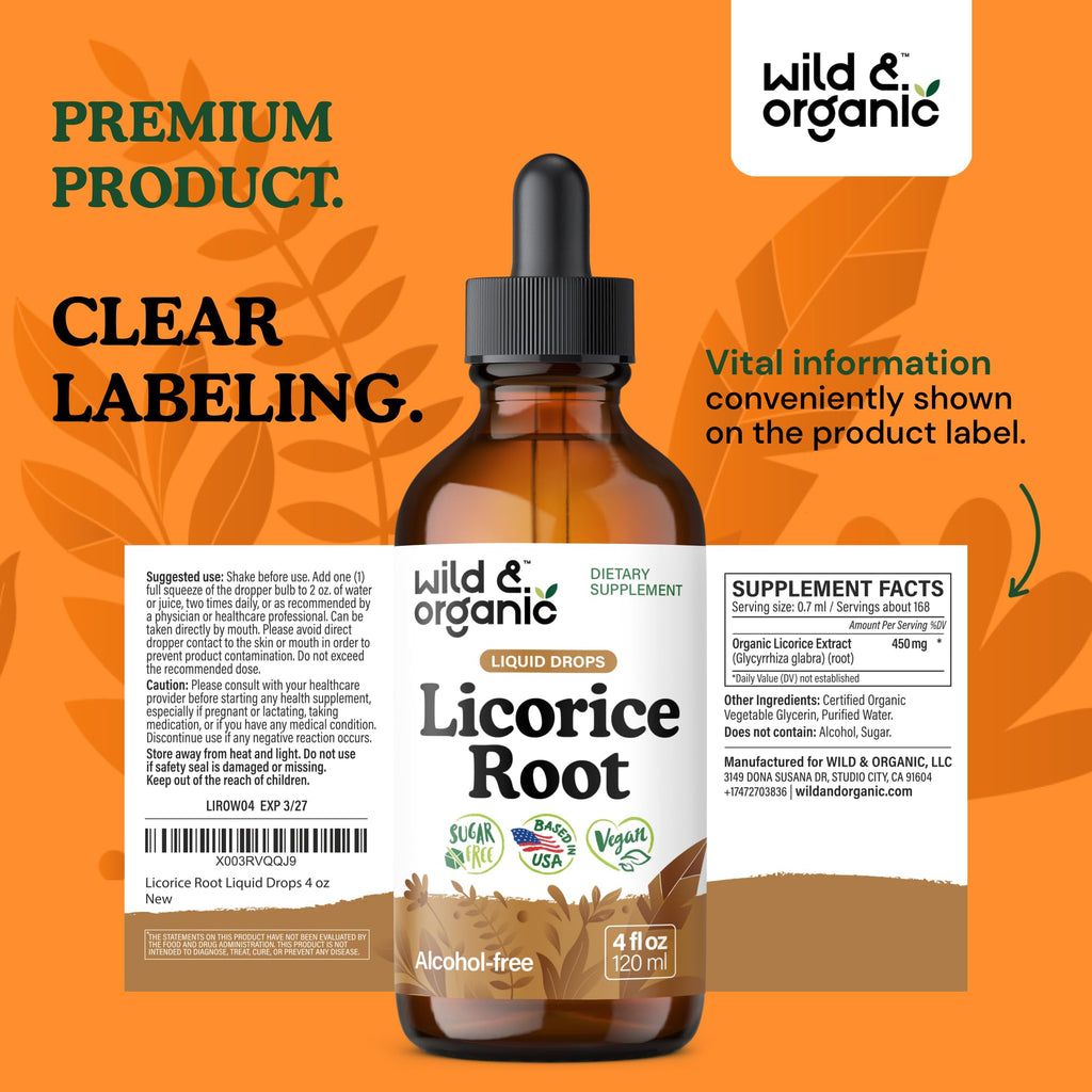 Wild & Organic Licorice Root Tincture - Digestive, Lung & Skin Support - Licorice Root Extract Liquid Drops - Vegan, Sugar & Alcohol-Free Supplement - 4 fl oz