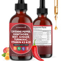 Cayenne Pepper Supplement Liquid Drops + Hawthorn Berry, Vitamin D3 K2 Beet Root Powder, Ceylon Cinnamon, Turmeric Curcumin, Organic Panax Ginseng - 4 OZ