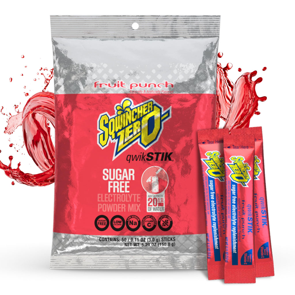 Sqwincher Zero Qwik Stik, Fruit Punch, Sugar Free, Low Calorie, Low Sodium Electrolyte Powder Hydration Drink Mix, .11 0z Packet (Pack of 50)