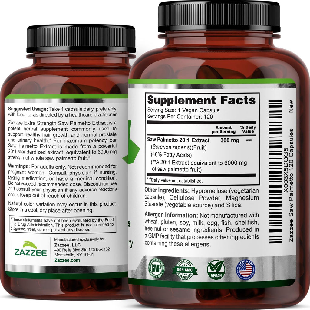 Zazzee Extra Strength Saw Palmetto 20:1 Extract, 40% Fatty Acids, 120 Vegan Capsules, 4 Month Supply, Serenoa Repens, Daily Wellness & Men’s Health Support, Herbal Supplement, Non-GMO, Made in the USA