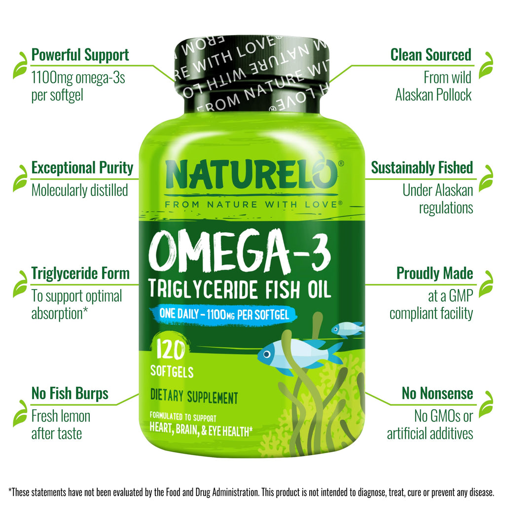 NATURELO Burpless Omega 3 Fish Oil Supplement - 1100mg Triglyceride Omega-3, EPA + DHA, Liquid Fish Oil for Heart, Eye, Brain, Joint Health - 120 Softgels, 4 Months Supply