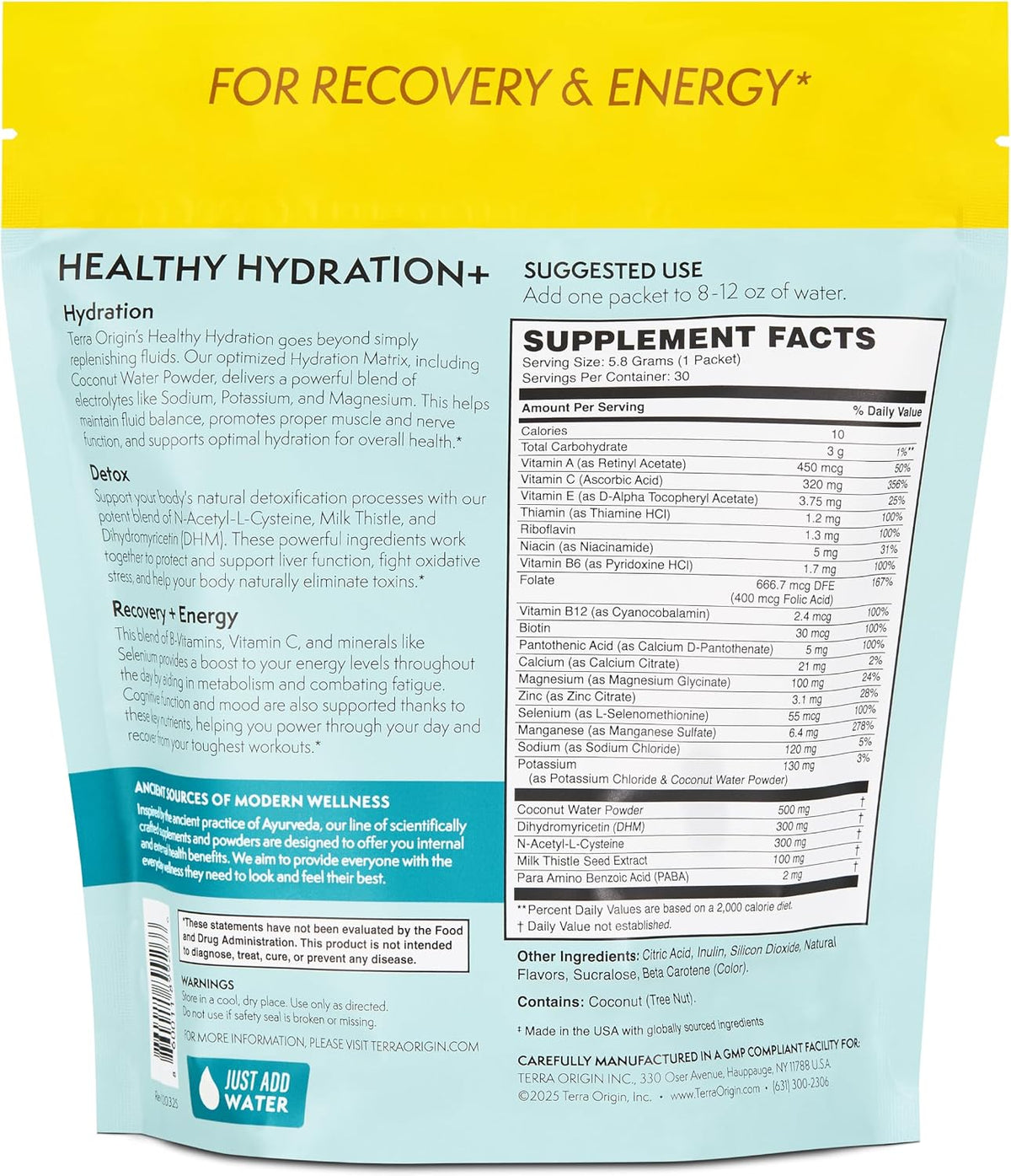 TERRA ORIGIN Healthy Hydration+ Electrolyte Powder Packets | Sugar Free, Gluten Free Drink Mix | Lemonade | 30 Servings (1-Pack)