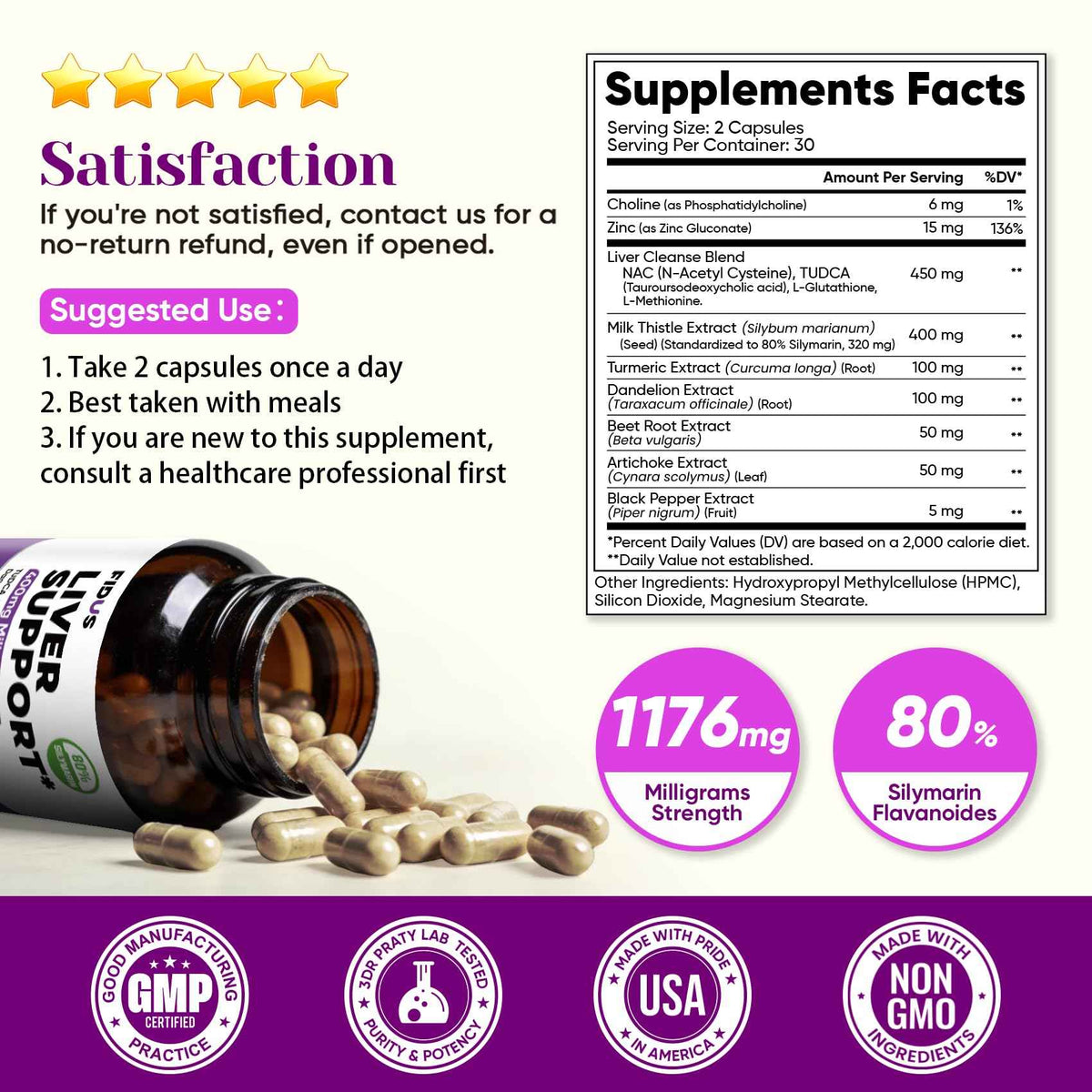 Fidus Milk Thistle Liver Liver Cleanse Detox & Detox Capsules - 400mg Silymarin with TUDCA, NAC, Turmeric & Dandelion Root for Liver Support - 60 Capsules