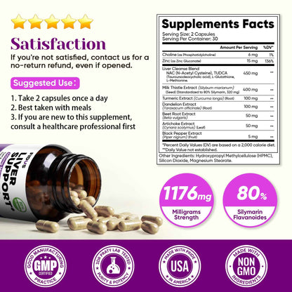 Fidus Milk Thistle Liver Liver Cleanse Detox & Detox Capsules - 400mg Silymarin with TUDCA, NAC, Turmeric & Dandelion Root for Liver Support - 60 Capsules