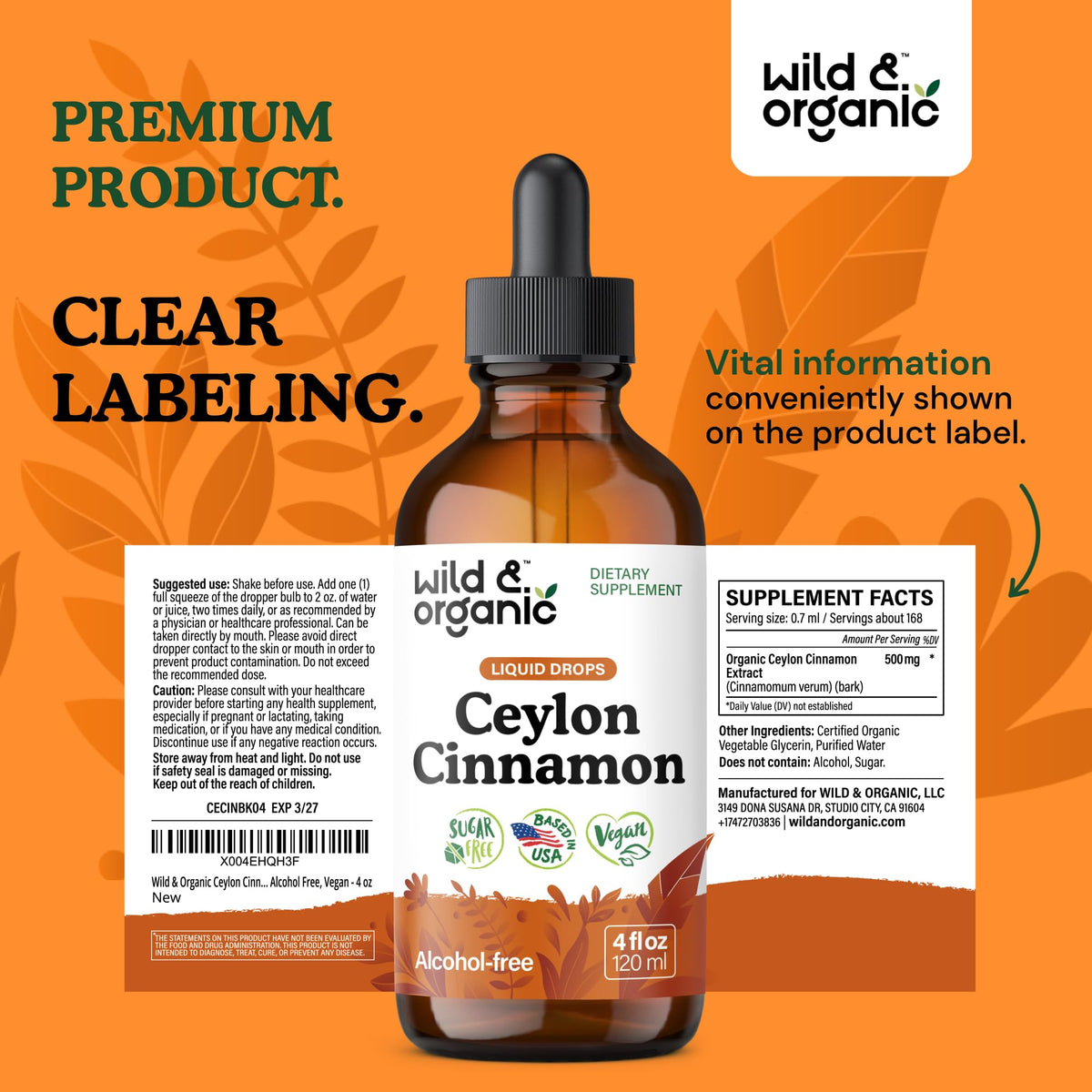Wild & Organic Ceylon Cinnamon Supplements 500mg - Antioxidant Support - Ceylon Cinnamon Drops - Add to Tea Liquid Extract - Cinnamomum Verum Bark - Unflavored, Sugar & Alcohol-Free Tincture - 4 fl oz