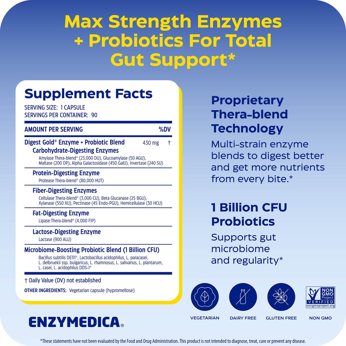 Enzymedica Digest Gold + Probiotics - Digestive Enzyme Supplement for Women & Men, Enzyme and Probiotic Capsules for Digestion, Gut Health Support,
