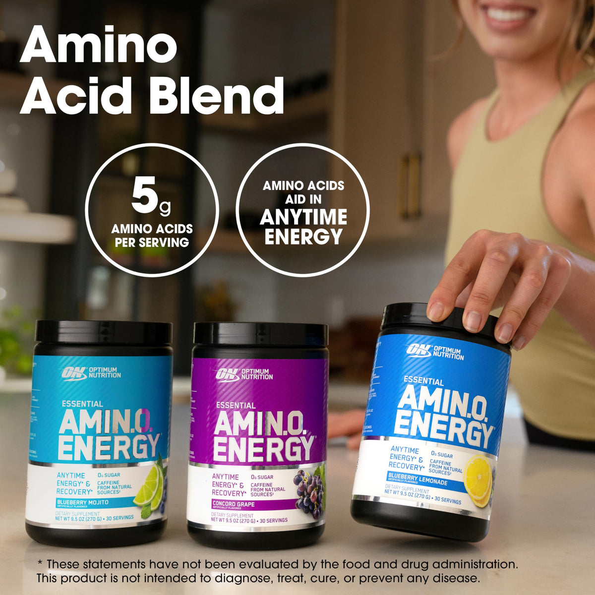 Optimum Nutrition, Amino Energy - Pre Workout with Green Tea, Bcaa, Amino Acids, Keto Friendly, Green Coffee Extract, Energy Powder - Concord Grape, 65 Servings