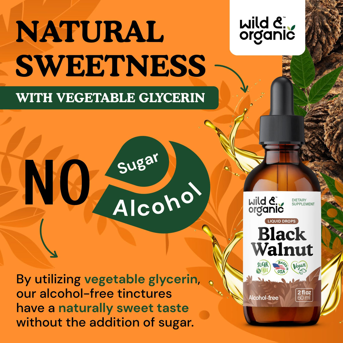Wild & Organic Black Walnut Hull Tincture - Cleanse & Gut Support - Black Walnut Extract Supplement - Fast Absorption Liquid Drops - Add to Tea & Mix with Powder - Without Alcohol & Sugar - 4 fl oz