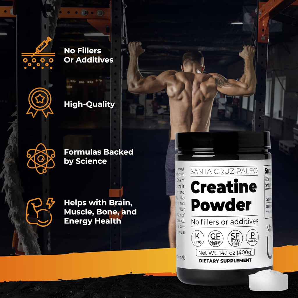 Santa Cruz Paleo, Creatine Monohydrate Powder Micronized, Unflavored Pre Workout and Muscle Support Supplement, Gluten Free Keto, Mix with Water or Shakes, No Fillers or Additives, 80 Servings, 400g