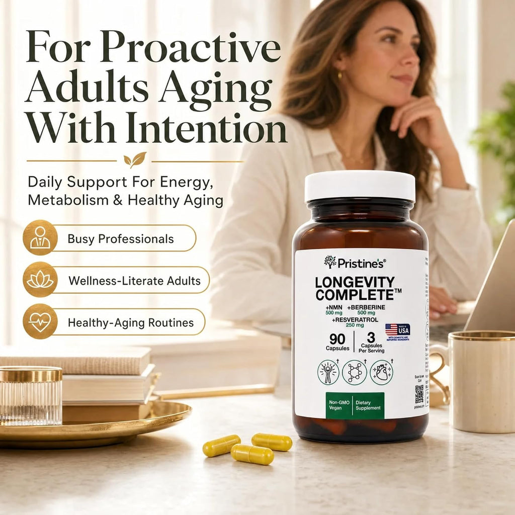 PRISTINE'S Longevity Complete NMN Resveratrol Anti-Aging Cellular Support | NMN, resveratrol and berberine in one longevity stack for anti-aging cellular support. Vegan, non-GMO, 90 count glass bottle