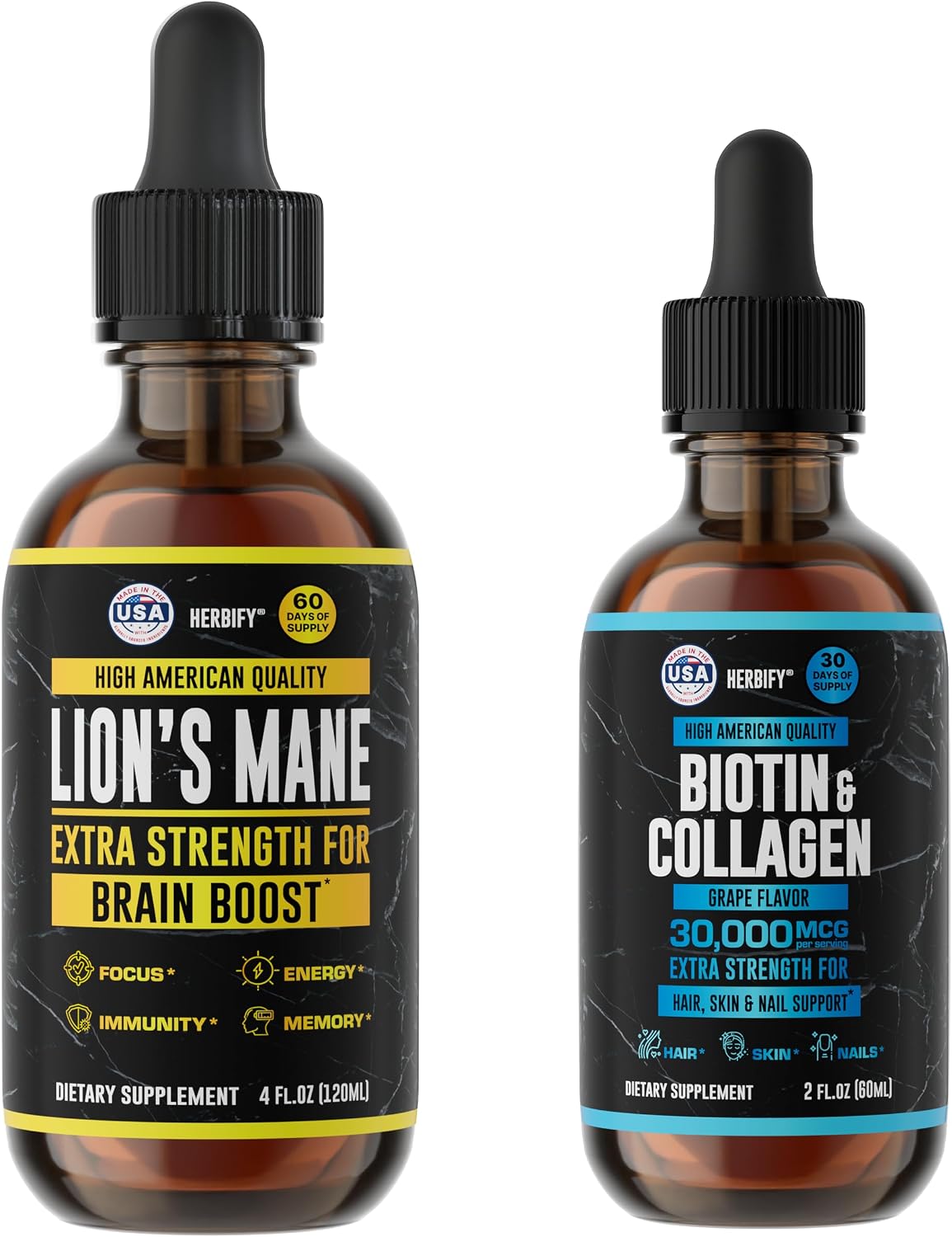 HERBIFY Bundle - Lions Mane Drops & Biotin and Collagen - Brain, Hair, Skin & Nails Support