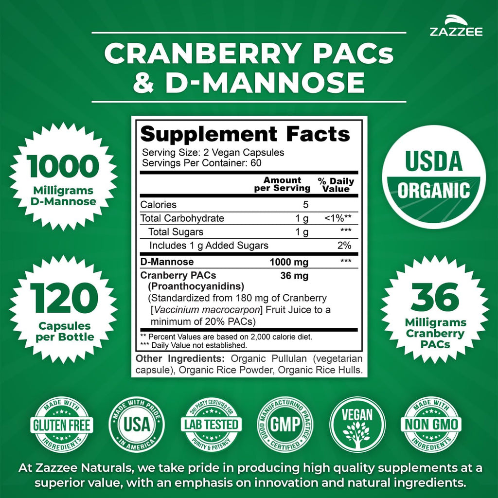 Zazzee USDA Organic Cranberry PACs & D-Mannose, 36 mg PACs per Serving, 1000 mg D-Mannose per Serving, 120 Vegan Capsules, 2 Month Supply, Urinary Tract & Bladder Support, Non-GMO, Made in the USA