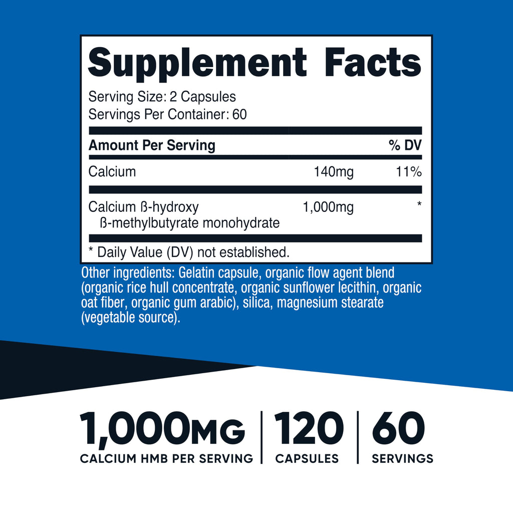 Nutricost HMB (Beta-Hydroxy Beta-Methylbutyrate) 1000mg (120 Capsules) - 500mg Per Capsule, 60 Servings - Gluten Free and Non-GMO