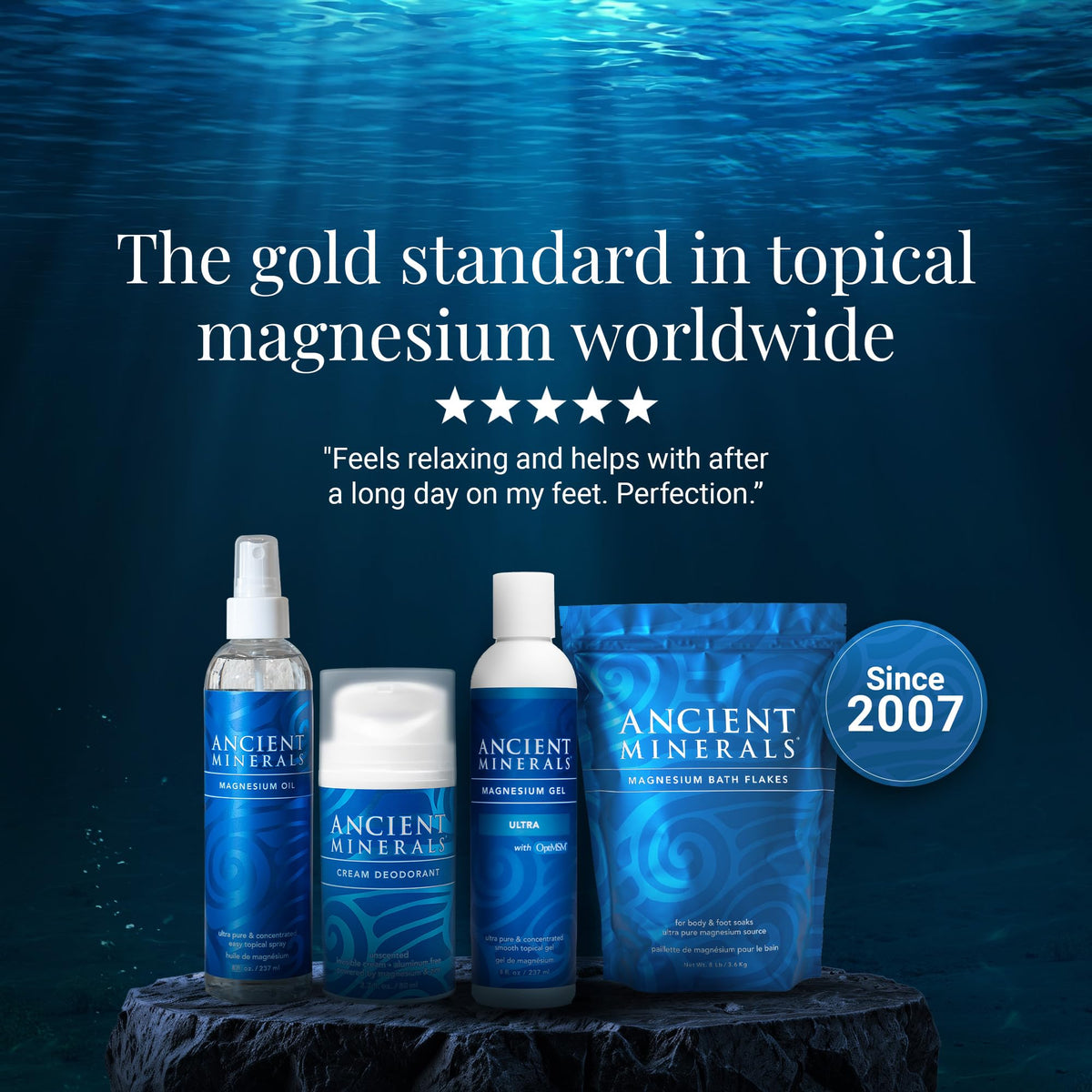Ancient Minerals Magnesium Oil Spray Ultra with MSM, Zechstein, 4oz | Zechstein magnesium chloride + MSM topical spray for enhanced absorption & reduced tingle. 4 fl oz.