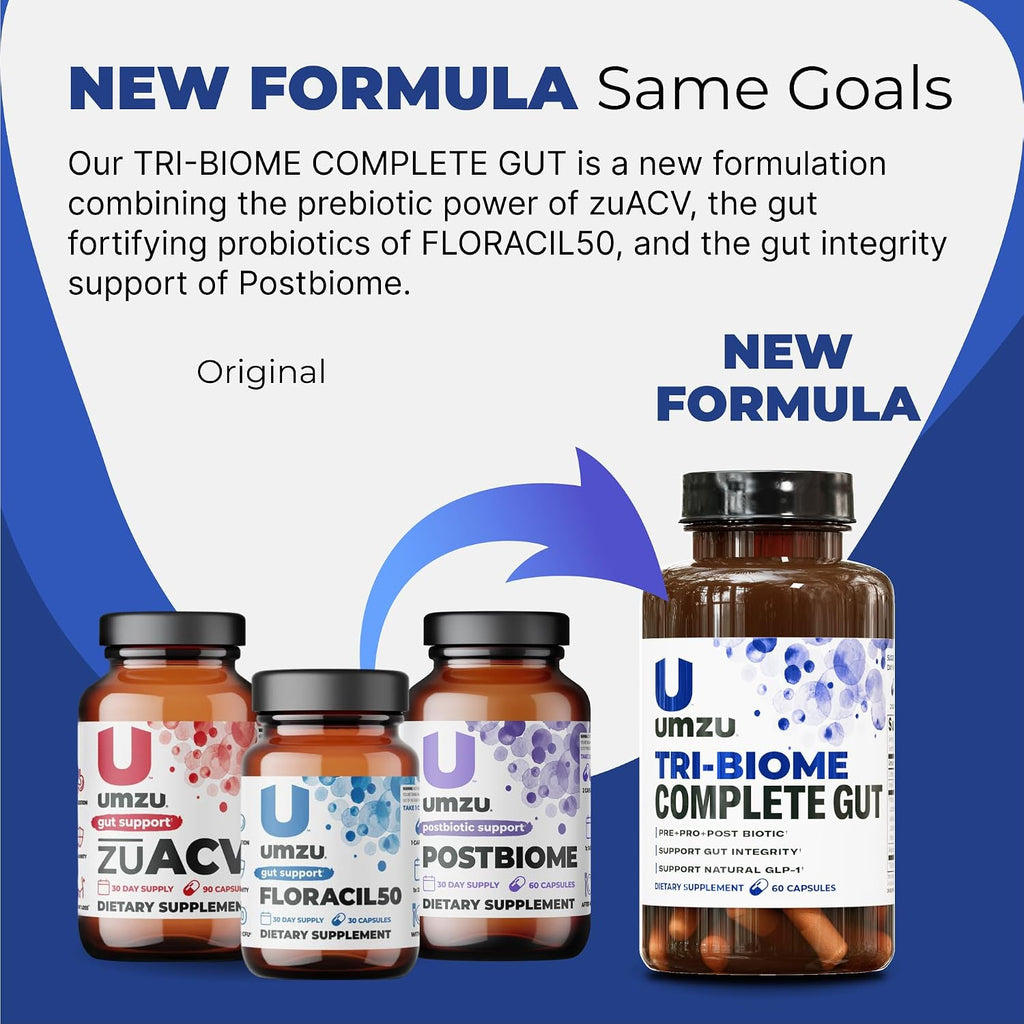 UMZU Tri-Biome Complete Probiotic Capsules, 30 Day Supply | 3-in-1 Probiotic, Prebiotic and Postbiotic Blend, Akkermansia and CoreBiome, Gut Balance, Digestive Health, Adults