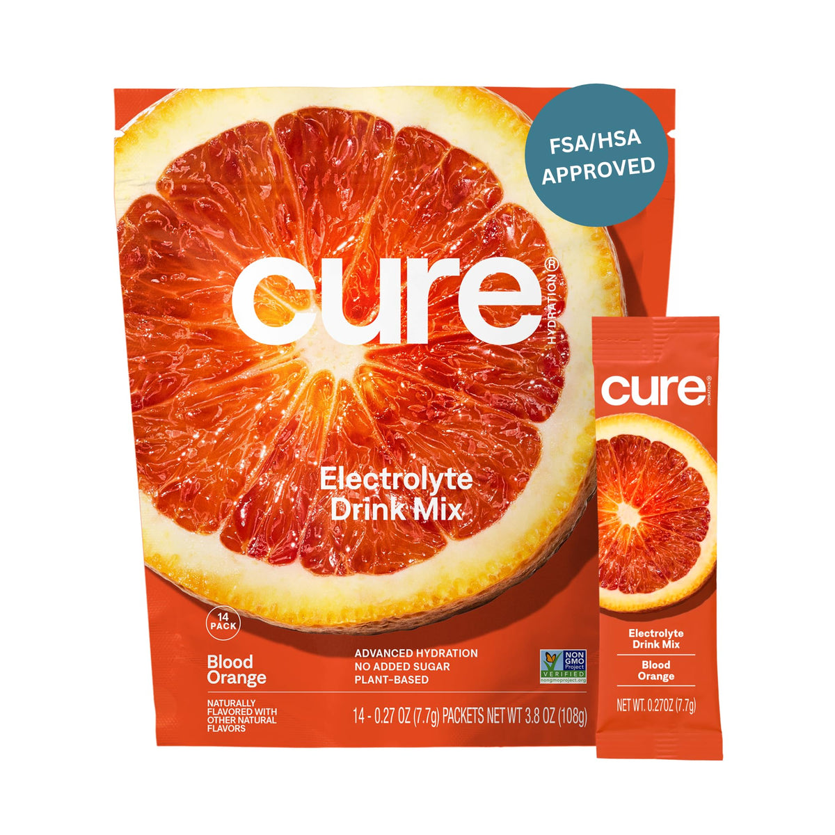 Cure Hydration | Plant-Based Electrolyte Drink Mix | No Added Sugar | FSA-HSA | Dehydration Relief Powder Made with Coconut Water | Non-GMO | Vegan | Pouch of 14 Packets - Blood Orange