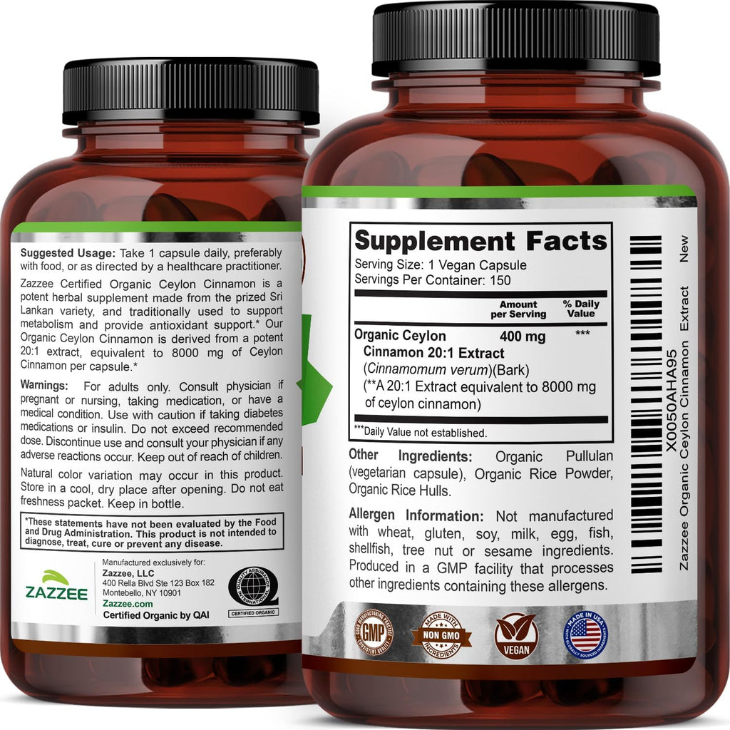 Zazzee USDA Organic Ceylon Cinnamon 20:1 Extract, 150 Vegan Capsules, 5 Month Supply, Sri Lankan Variety, Cinnamomum Verum, Antioxidant & Metabolic Support, All-Natural, Non-GMO, Made in the USA