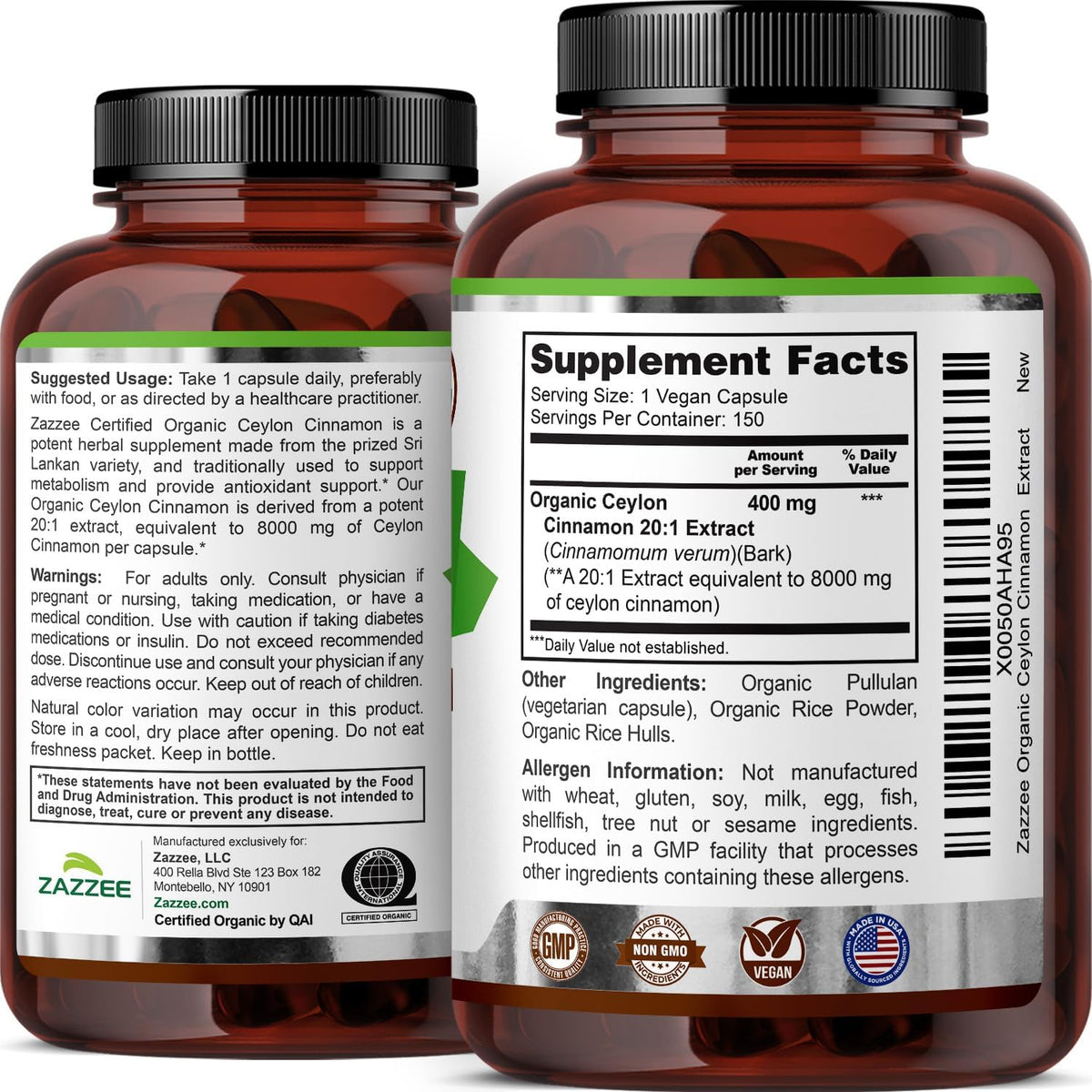 Zazzee USDA Organic Ceylon Cinnamon 20:1 Extract, 150 Vegan Capsules, 5 Month Supply, Sri Lankan Variety, Cinnamomum Verum, Antioxidant & Metabolic Support, All-Natural, Non-GMO, Made in the USA