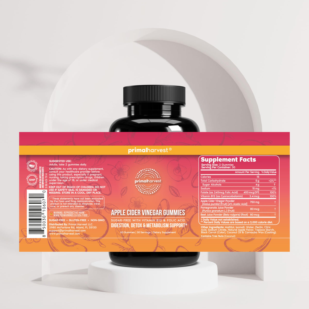 Primal Harvest ACV Gummies, 60 Sugar Free Apple Cider Gummies Beetroot and Pomegranate to Support Immunity, Digestion and Detox 750 MG