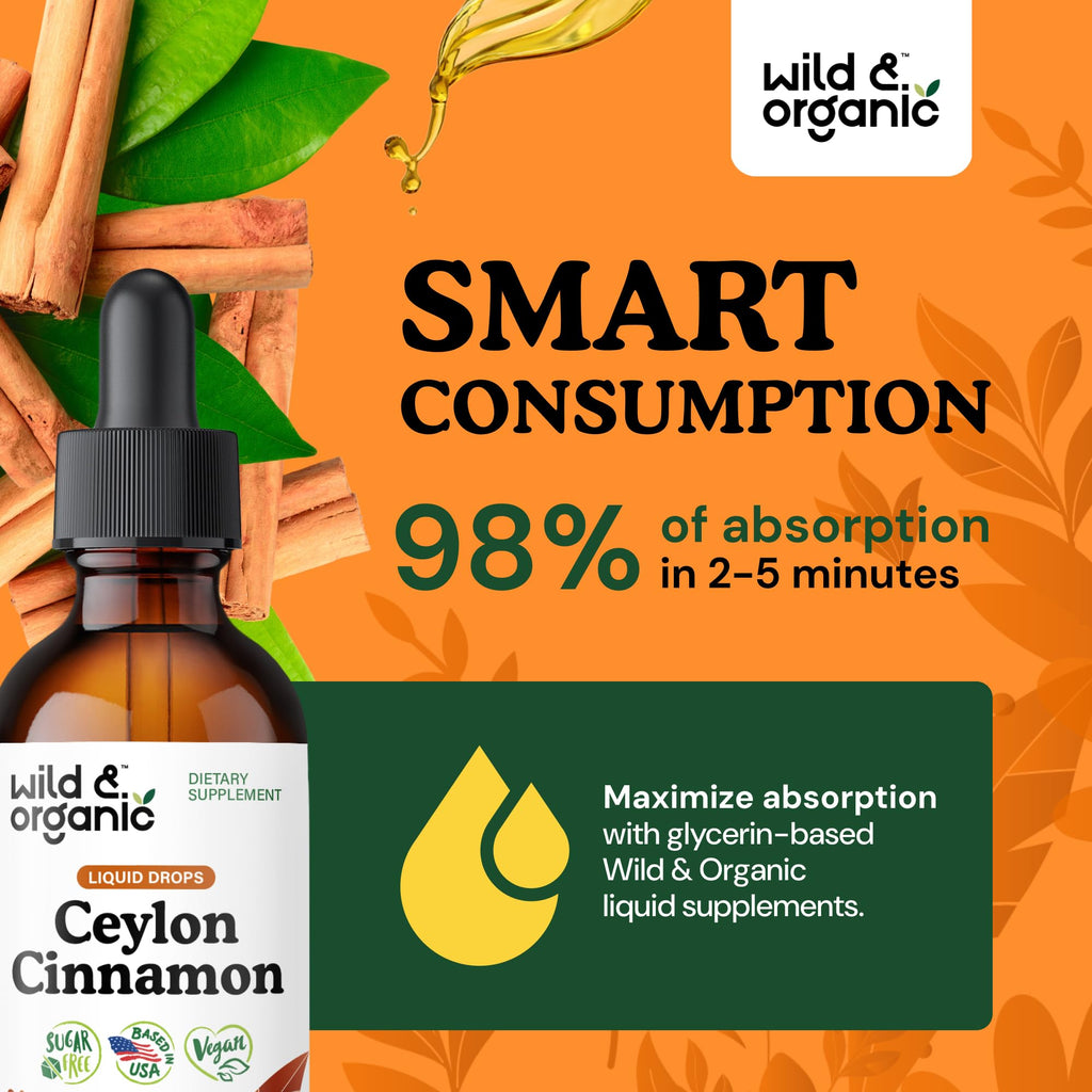 Wild & Organic Ceylon Cinnamon Supplements 500mg - Antioxidant Support - Ceylon Cinnamon Drops - Add to Tea Liquid Extract - Cinnamomum Verum Bark - Unflavored, Sugar & Alcohol-Free Tincture - 4 fl oz