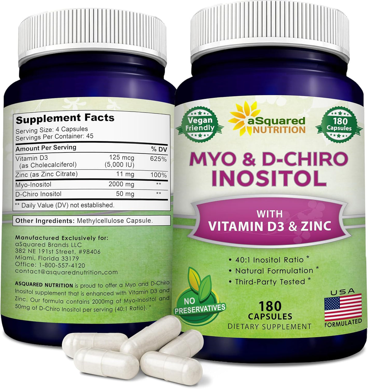aSquared Nutrition Myo-Inositol & D-Chiro Inositol Supplement - 180 Capsules - Plus Vitamin D3 and Zinc - Myo & D-Chiro Inositol 40 to 1 Ratio - VIT B8 Complex Pills