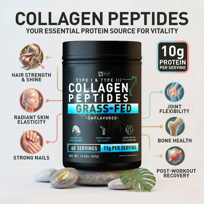 Zeal Naturals Hydrolyzed Collagen Peptides Powder, 10g Protein | Grass-Fed Collagen for Women & Men | Essential Amino Acids | Hair, Skin, Nails, Bone Health | 60 Servings, Unflavored, 23.53 oz.