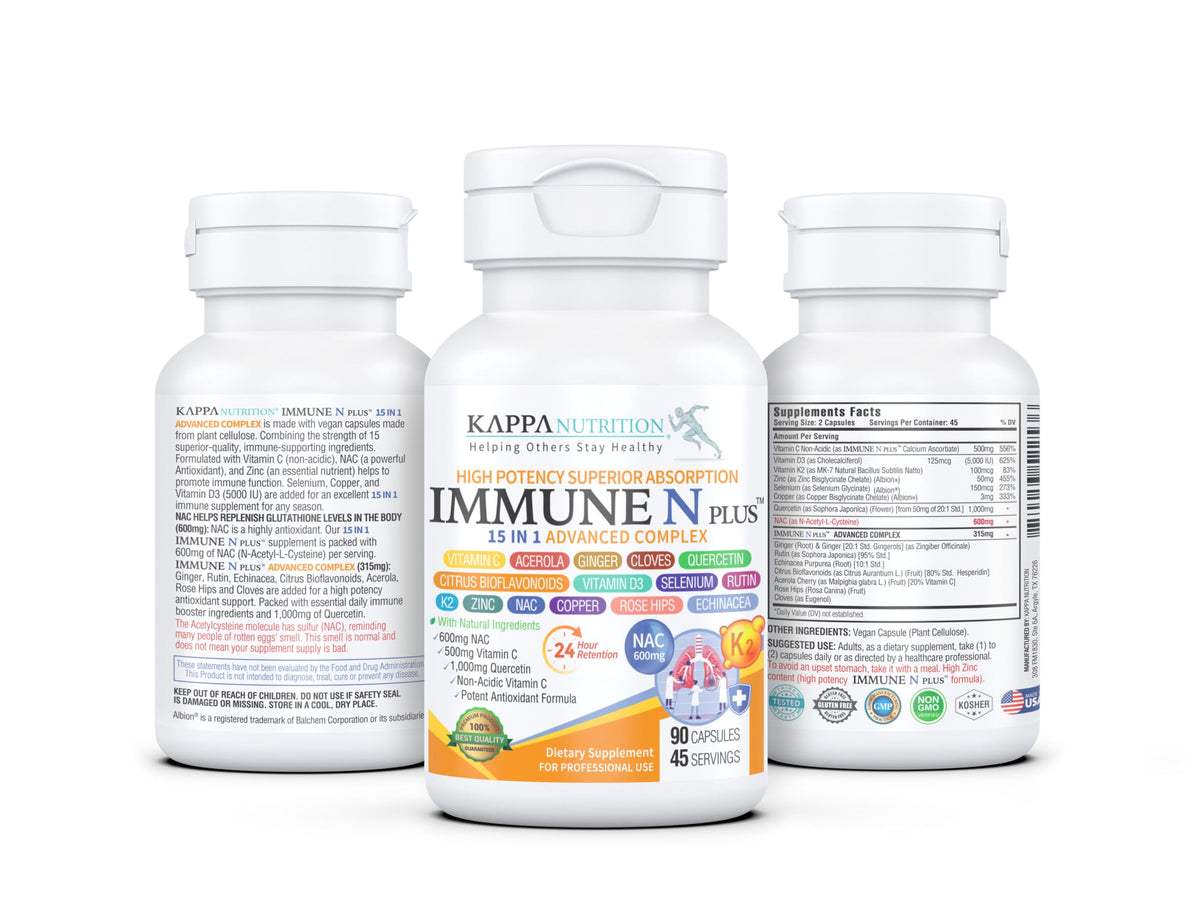 (90 Capsules), NAC 600mg, Quercetin 1,000mg, Vitamin C 500mg, Zinc 50mg, Vitamin D3 5,000iu, Selenium, Copper, Acerola, Ginger, Rutin, Citrus Bioflavonoids, Rose Hips, Echinacea, Immune N Plus 15 in 1 KAPPA NUTRITIONBuy Supplements Australia