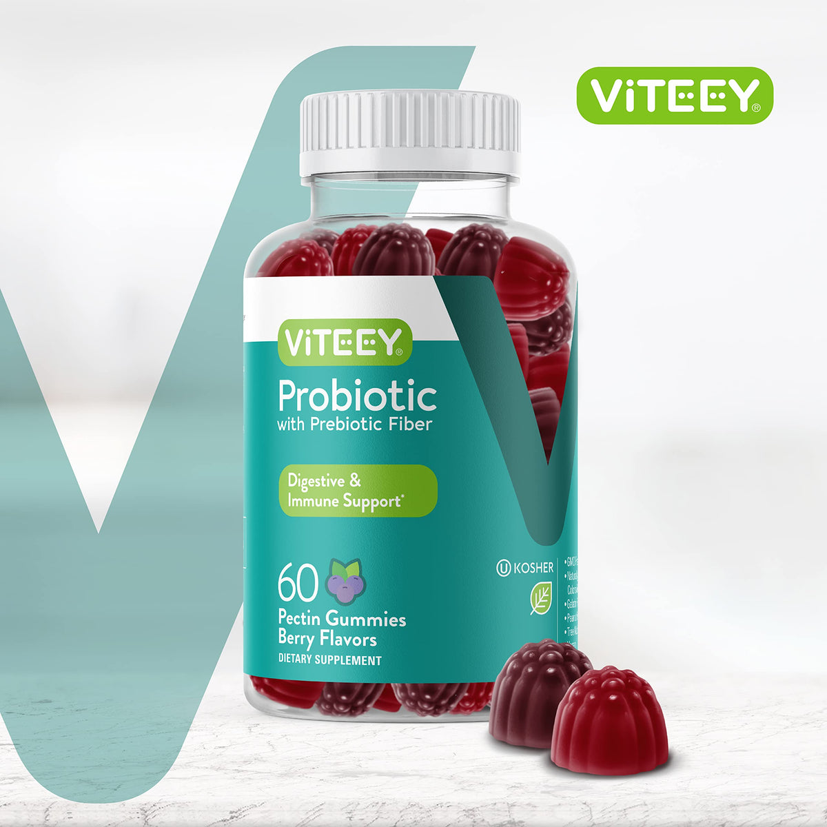Viteey Probiotic Gummies with Prebiotics – Gut Health Supplements for Digestive Health – 2 Billion CFUs – Vegan, Gluten-Free – 60 Count