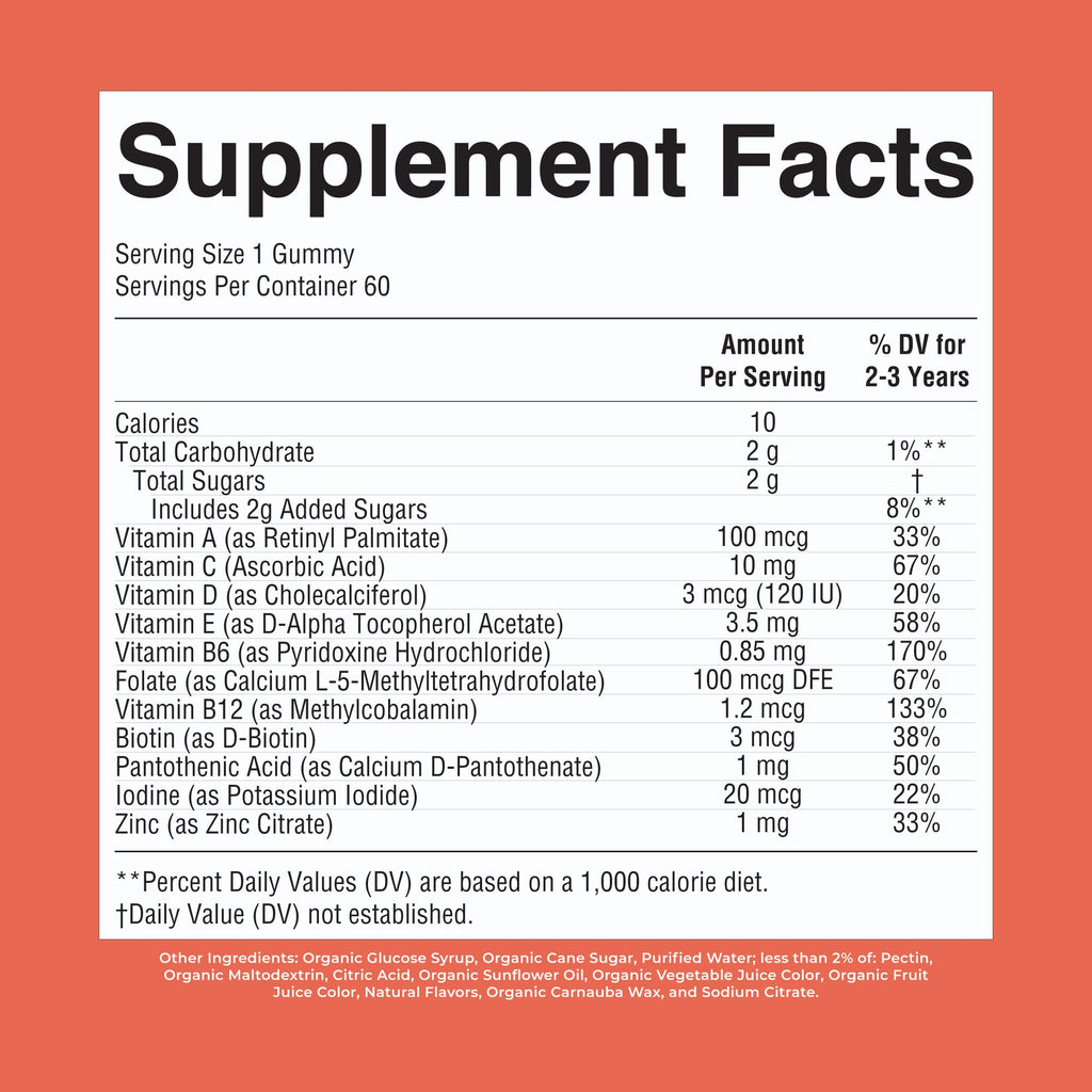 MaryRuth's Toddler Multivitamin Gummies | USDA Organic | 2 Month Supply | Kid & Toddlers Age 2+ Daily Multivitamin: Vitamin C, D3, Zinc | Kids Vitamins | Only 1 Gummy Per Day | 60 Ct (60 Day Supply)
