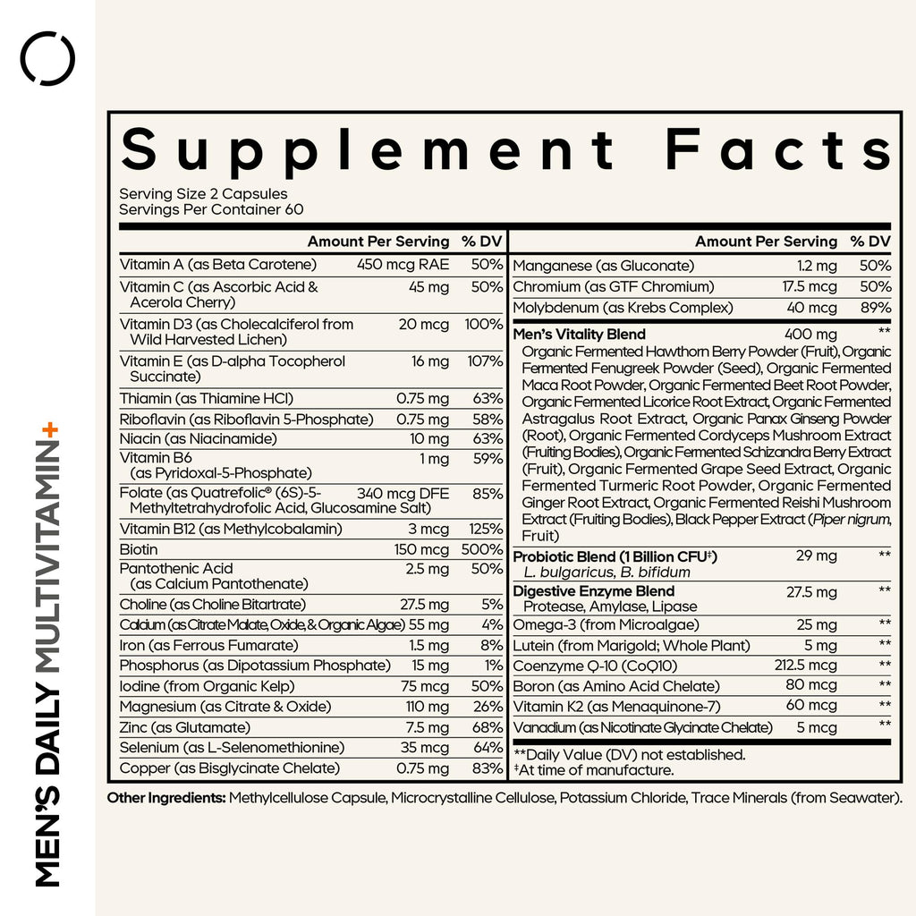 Codeage Men’s Daily Multivitamin – 25+ Essential Vitamins & Minerals, Organic Whole Foods, Probiotics, Omega-3, Zinc, Vitamins A, B, C, D, E & K – 120 Capsules