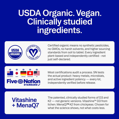 Ora Organic Vitamin D3 5000IU + K2 - Vegan Vitamin D from Lichen and K2 from Chickpeas for Bone Health, Immune Support, & Mood, Maximum Absorption - 1 Month Supply, 30 Chewable Tablets