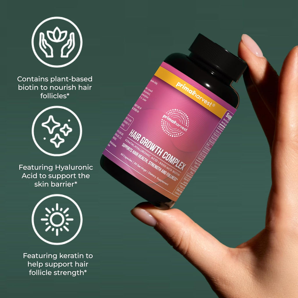 Primal Harvest Hair Growth Vitamins, Hair Growth for Women & Men - 60 Hair Growth Pills, Natural Hair Thickening Products for w/Biotin & Zinc - Hair Supplement, Regrowth Hair Vitamins