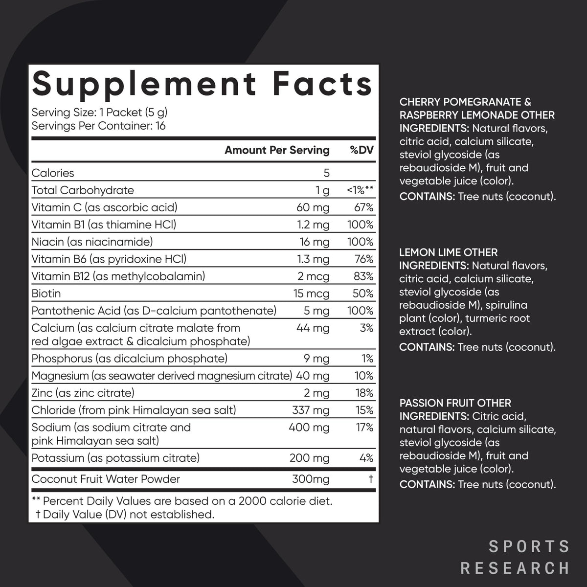 Sports Research® Hydrate Electrolytes Powder Packets - Sugar-Free & Naturally Flavored with Vitamins, Minerals, and Coconut Water - Supports Hydration - 16 Packets - Variety Pack | Sugar-Free