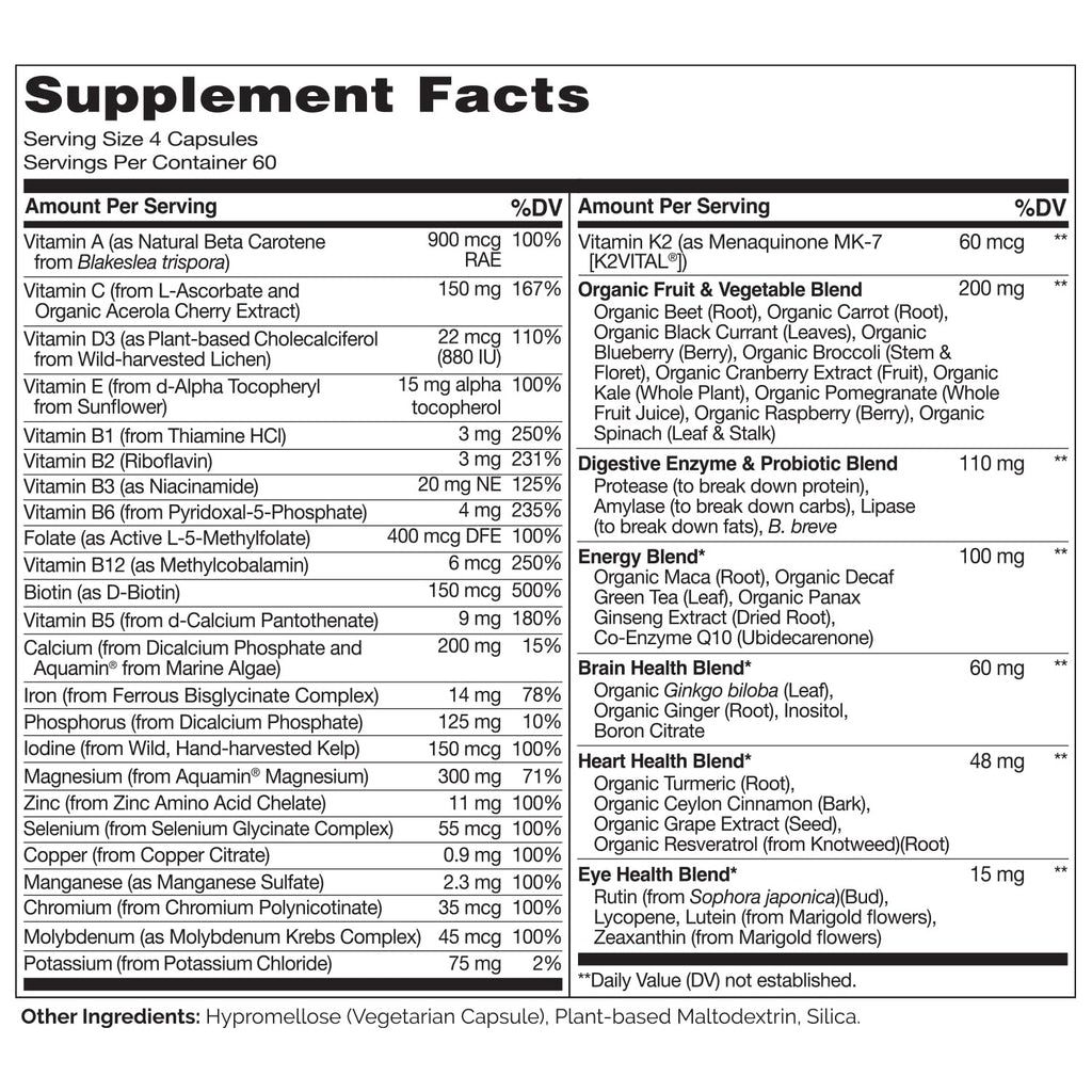 NATURELO Whole Food Multivitamin for Women - with Vitamins, Minerals, & Organic Extracts - Supplement for Energy and Heart Health - Non GMO - 120 Vegan Capsules