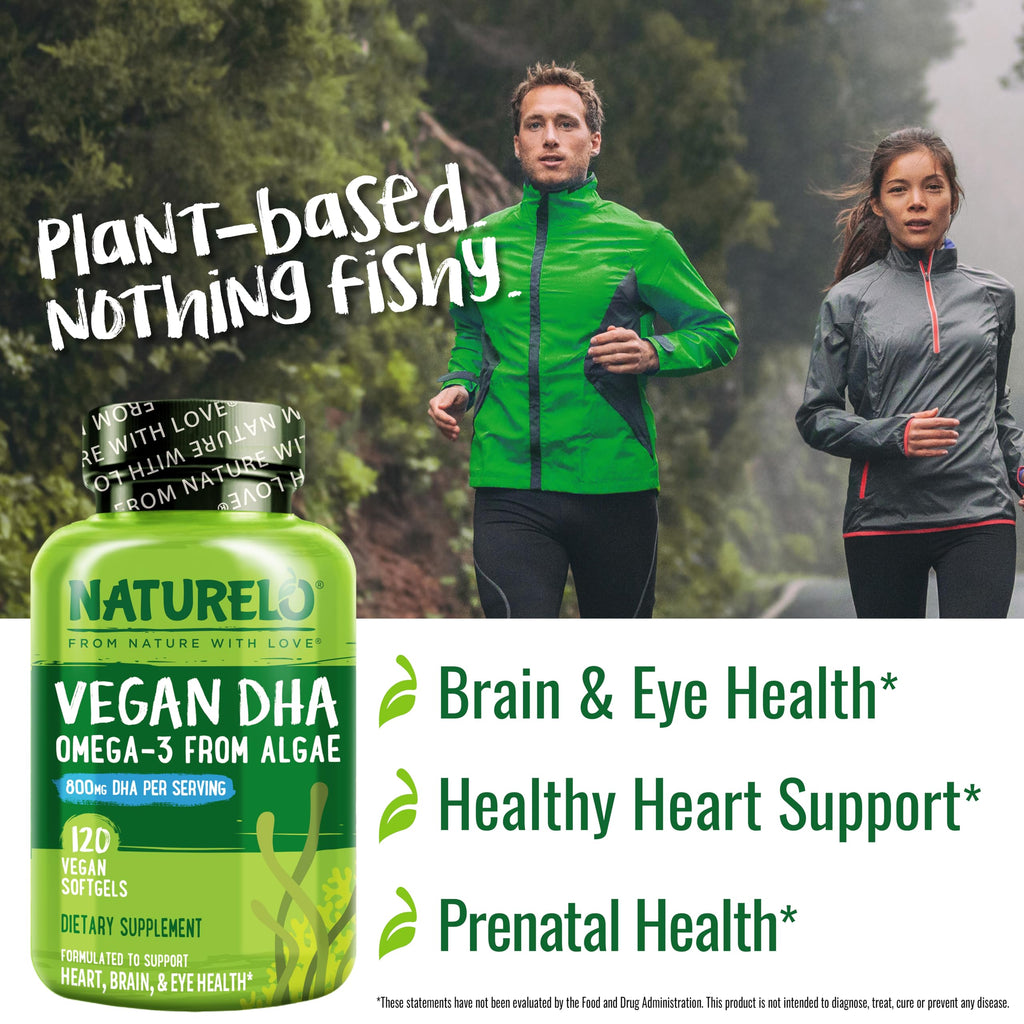 NATURELO Vegan DHA, Vegan Omega 3 Supplement, 120 Softgels, Supports Brain/Heart/Eye Health, Complements Prenatal Vitamins, Essential Fatty Acids, Omega 3 Supplement for Women & Men