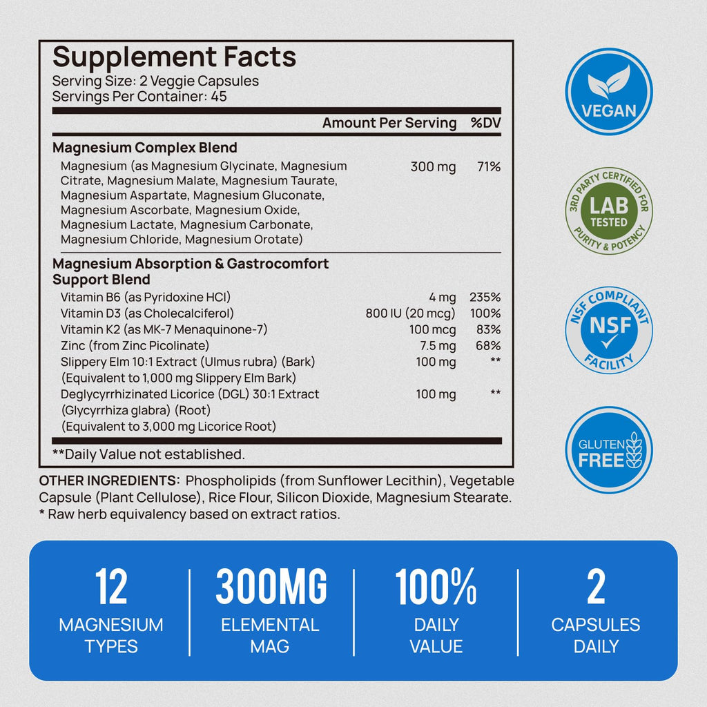 18 in 1 Magnesium Complex for Women and Men | Liposomal Magnesium Supplement with Glycinate, Citrate, Malate, Taurate, D3 & K2 | High Absorption for Muscle, Sleep, Bone, Nerve Support | 90 Capsules