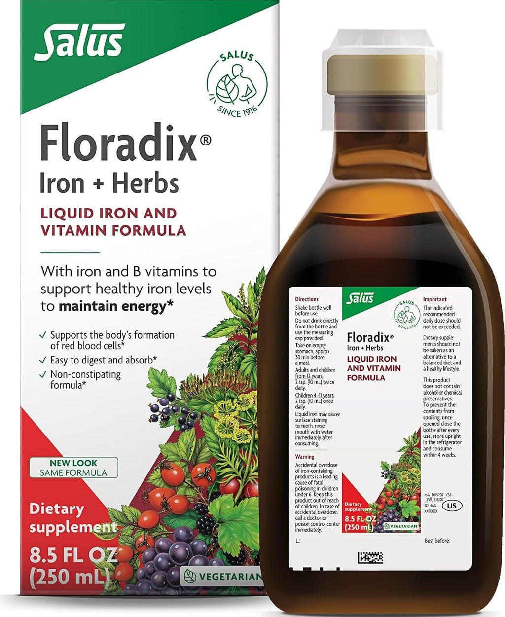 Floradix Iron & Herbs, Herbal Supplement for Men and Women, 8.5 fl oz | Liquid Iron Supplement with Vitamin C, Vitamin B Complex & Ferrous Gluconate Iron for Energy Support & Red Blood Cells*