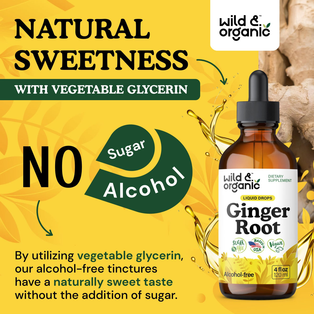Wild & Organic Ginger Root Extract Drops - Immune & Digestive Support - Liquid Ginger Supplements - Easy to Add to Tea - Vegan, Sugar & Alcohol-Free Tincture - 4 fl oz