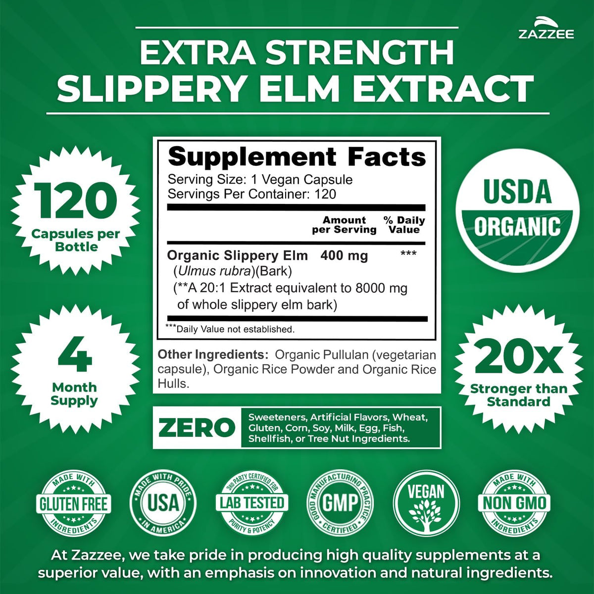 Zazzee USDA Organic Slippery Elm Bark 20:1 Extract, 120 Vegan Capsules, 4 Month Supply, Ulmus Rubra, Digestive, Throat & Mucosal Support, Herbal Supplement, All-Natural, Non-GMO, Made in the USA