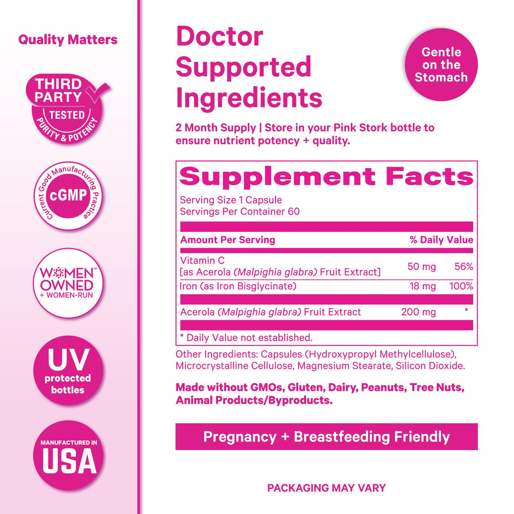Pink Stork Iron for Women with Vitamin C, 60 Capsules, 2-Month Supply | 18 mg Chelated Iron Bisglycinate + Vitamin C, Supports Energy, Focus + Oxygen, Pregnancy, Postpartum, PMS + Perimenopause