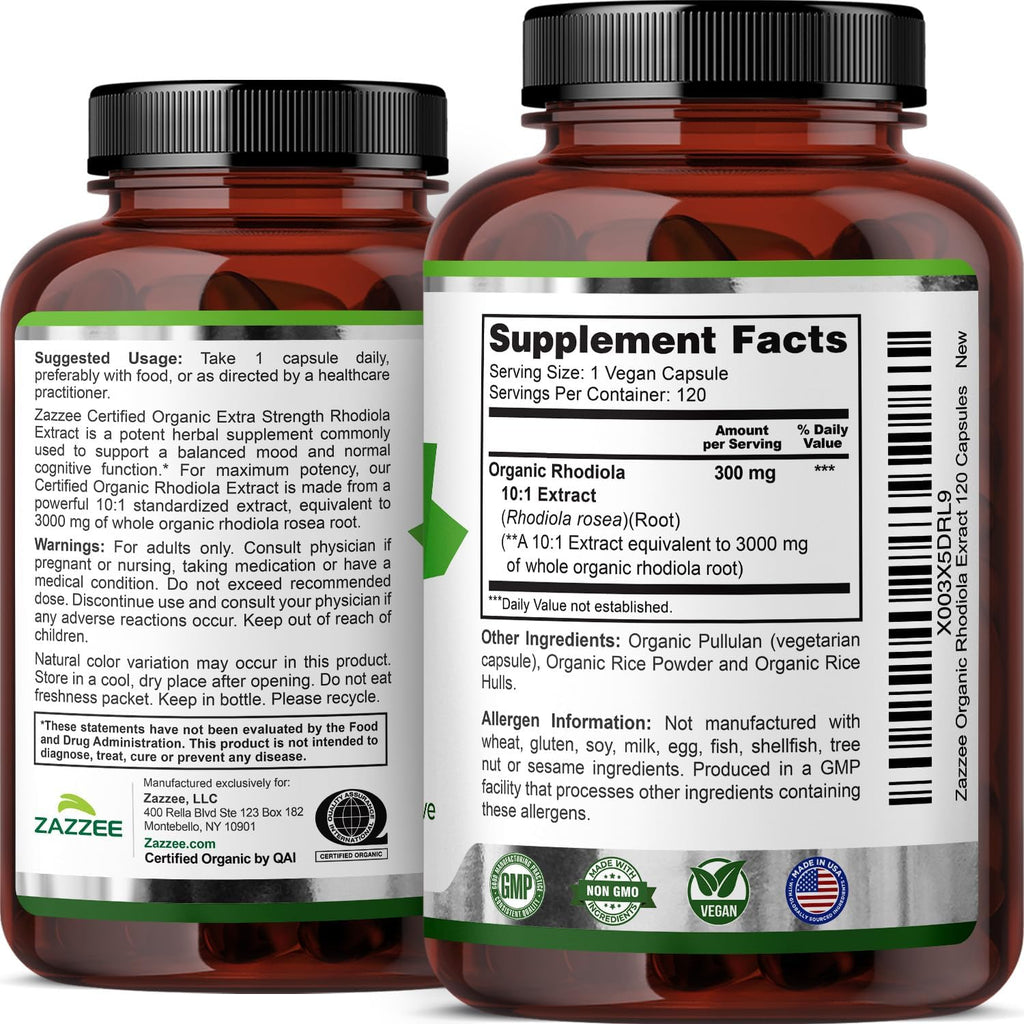 Zazzee USDA Organic Rhodiola 10:1 Extract, 120 Capsules, 4 Month Supply, Rhodiola Rosea, Energy, Stress & Mental Focus Support, Concentrated 10X Extract, All-Natural, Non-GMO, Made in the USA